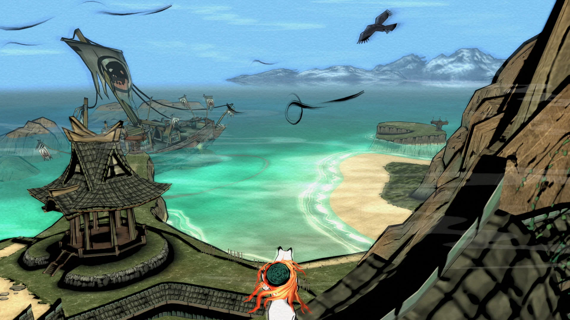 Amaterasu looks out over a pale turquoise coast, with ships, cliffs, mountains, birds, and black brush lines crossing the sky.