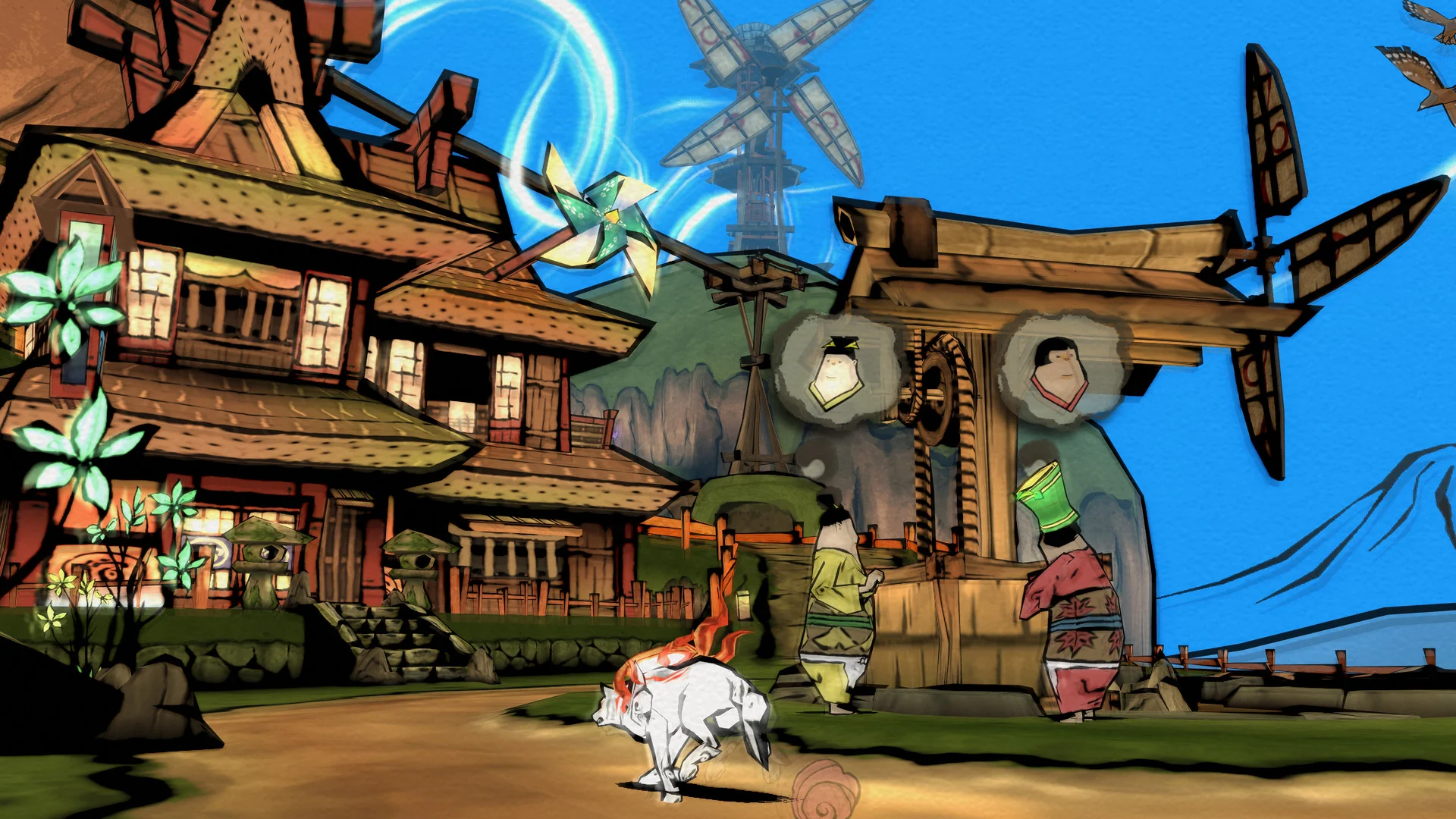 Amaterasu stands beside villagers in a bright windmill village rendered with ink outlines and watercolour textures.