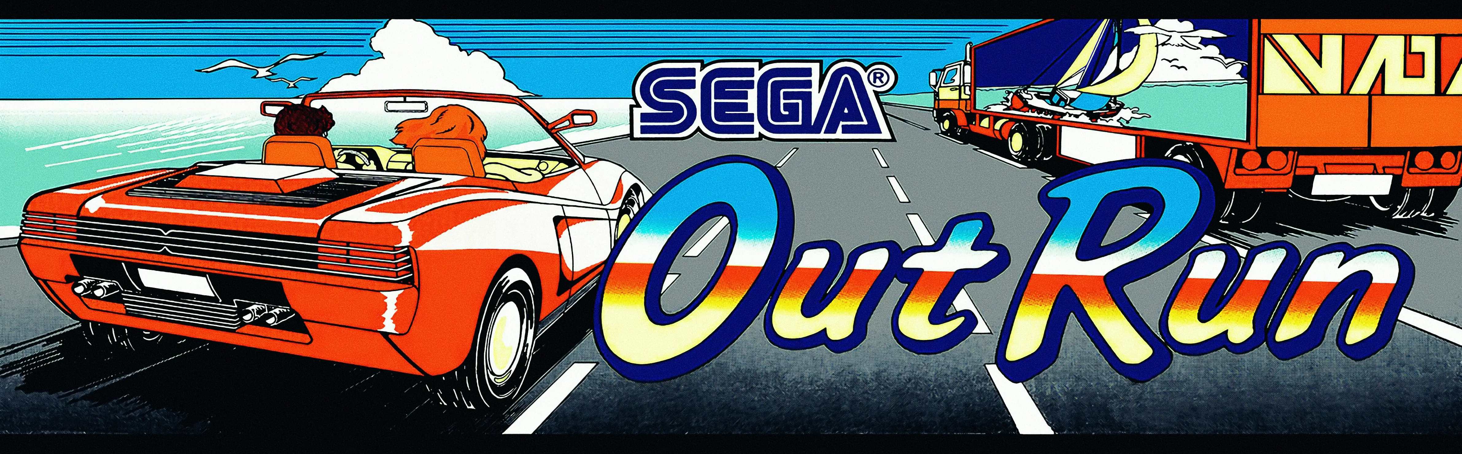 The OutRun arcade marquee: a red Ferrari speeds along a coastal highway toward the viewer, a truck pulling a yacht to the right, the Out Run logo in bold blue and gold lettering.