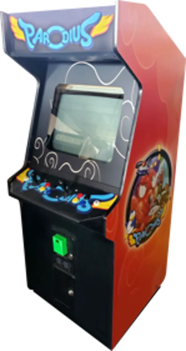 Parodius Da! Konami arcade cabinet — blue PARODIUS marquee with winged Vic Viper logo, red side art carrying the parody character roundel, blue control panel.