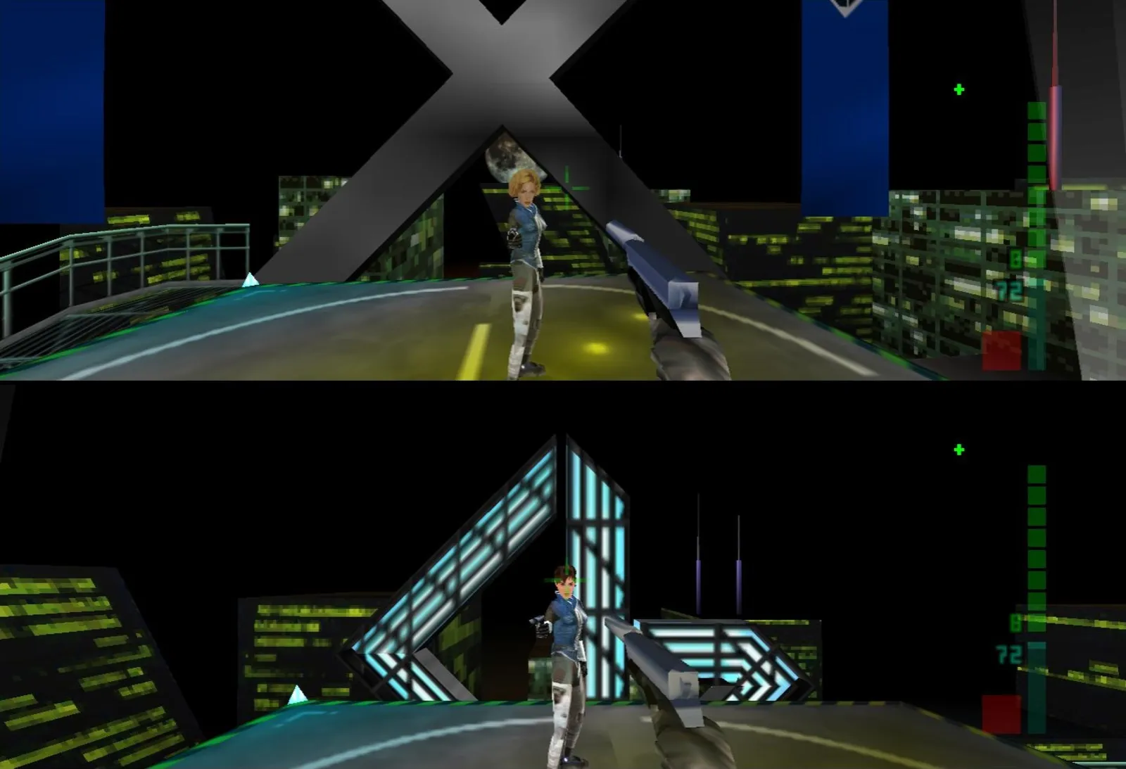 Two split-screen views of Joanna Dark standing on a city rooftop in Perfect Dark's multiplayer mode.