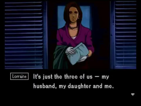 A frame of Policenauts dialogue: Lorraine — purple-shirted, holding folded clothes — stands in front of blue venetian blinds, the dialogue box reading 'Lorraine: It's just the three of us — my husband, my daughter and me.'