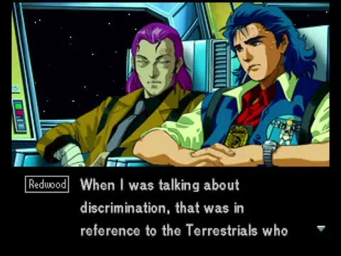 Tony Redwood — purple-haired, in a yellow jacket — seated next to Jonathan in his blue bandana inside a craft cockpit. The dialogue box reads 'Redwood: When I was talking about discrimination, that was in reference to the Terrestrials who'.