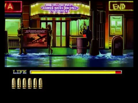 Old Los Angeles street at night — neon marquee reading 'WHO WILL BE FIRST / DEBRIE DOES EM ALL / STAR ANGEL,' a Speed-King poster on the left, a posed figure under the marquee — with the Policenauts LIFE bar and ammo counter at the bottom of the frame.