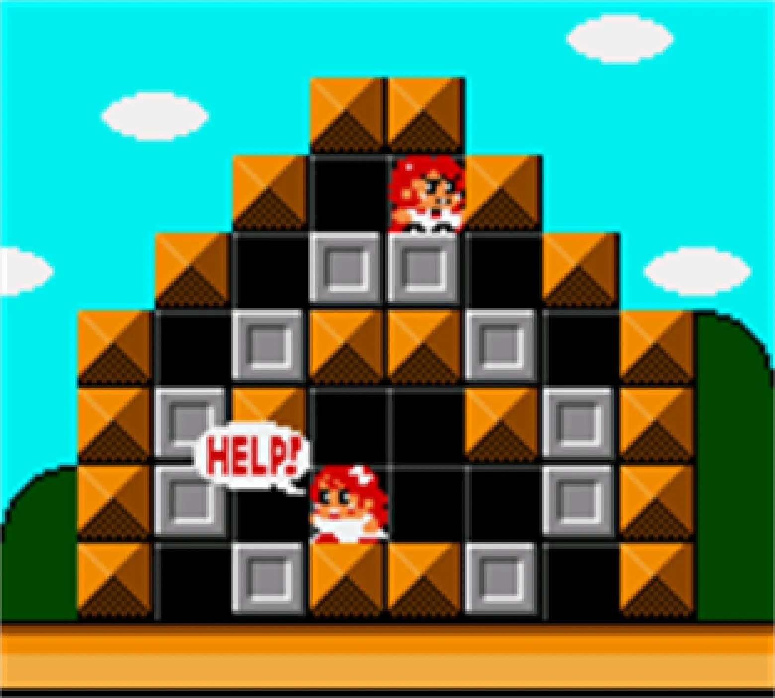 A Popils level: a pyramid of orange and black blocks occupies the screen, with the princess at its top calling HELP in a speech bubble and the boy at the lower-left about to punch his way in.