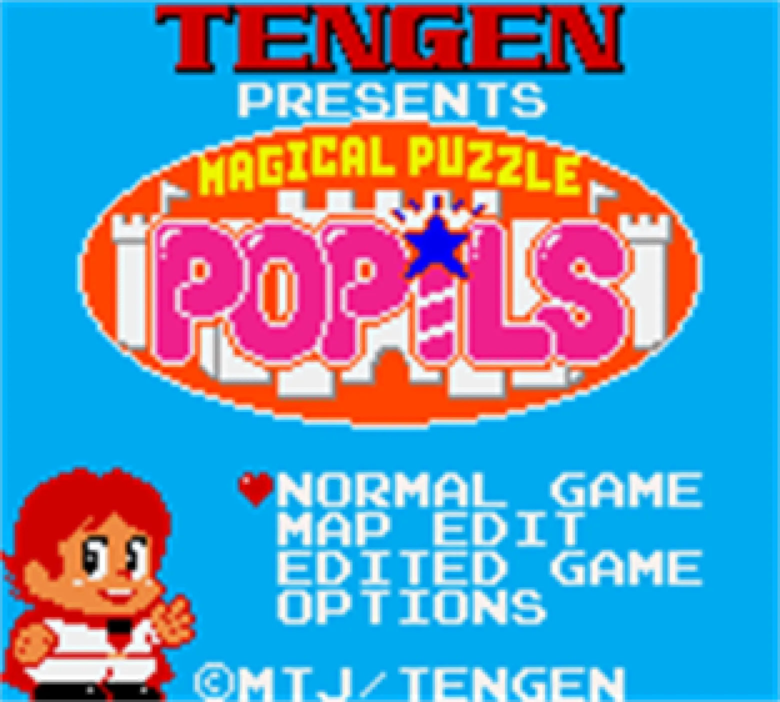 Popils title screen. Red logo reads MAGICAL PUZZLE POPILS above a menu listing NORMAL GAME, MAP EDIT, EDITED GAME, OPTIONS. A small copyright line at the bottom reads © MTJ / TENGEN.