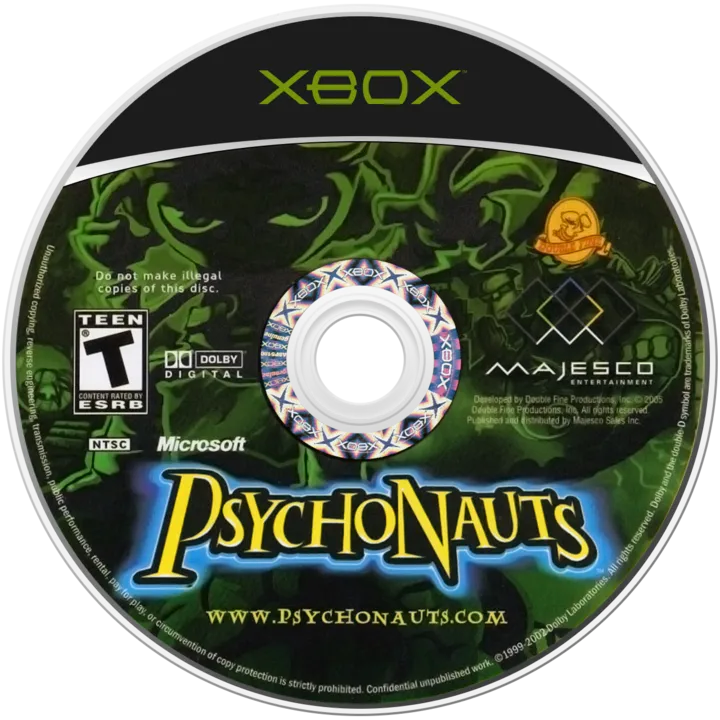North American Xbox disc for Psychonauts: green psychic-camouflage with the Psychonauts wordmark in yellow, XBOX banner at the top, Majesco wordmark to the right of the spindle.