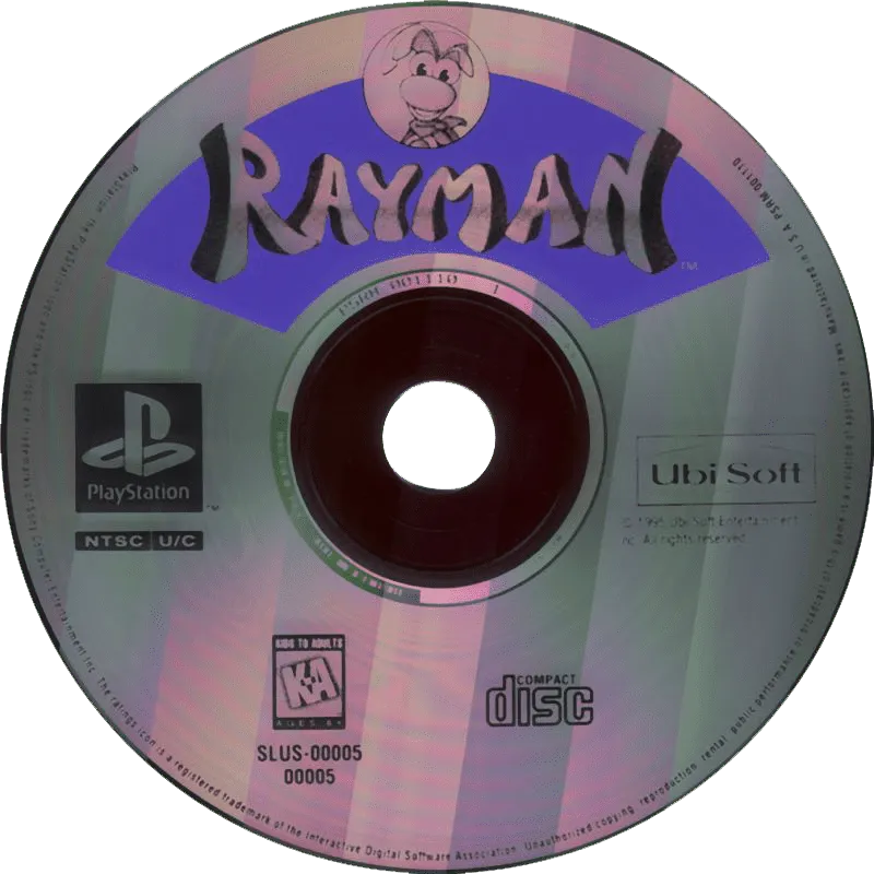 North American PlayStation disc for Rayman, 1995: silver disc face with the title in dotted-balloon lettering, Ubi Soft and PlayStation wordmarks ringing the spindle.