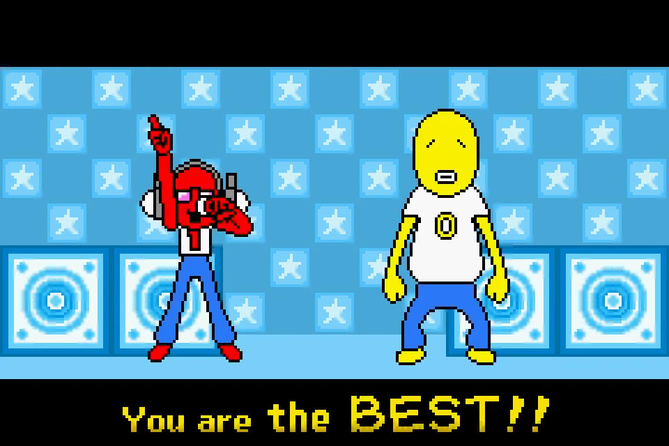 Rap Men result screen. Two characters in red and orange caps face each other on a blue stage. A yellow banner across the bottom reads 'You are the BEST!!'