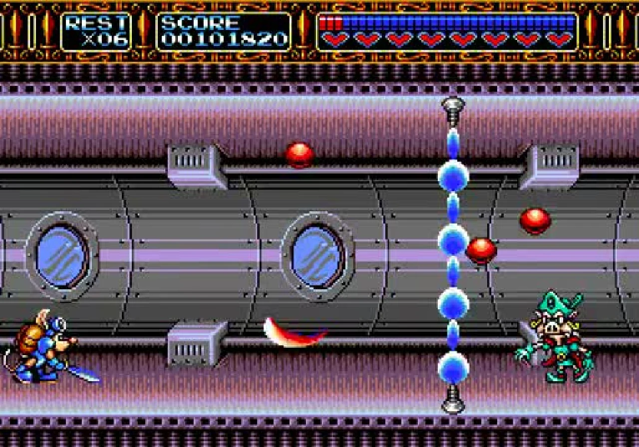 Sparkster crosses the curved purple deck of an airship under blue sky and cannon hatches.