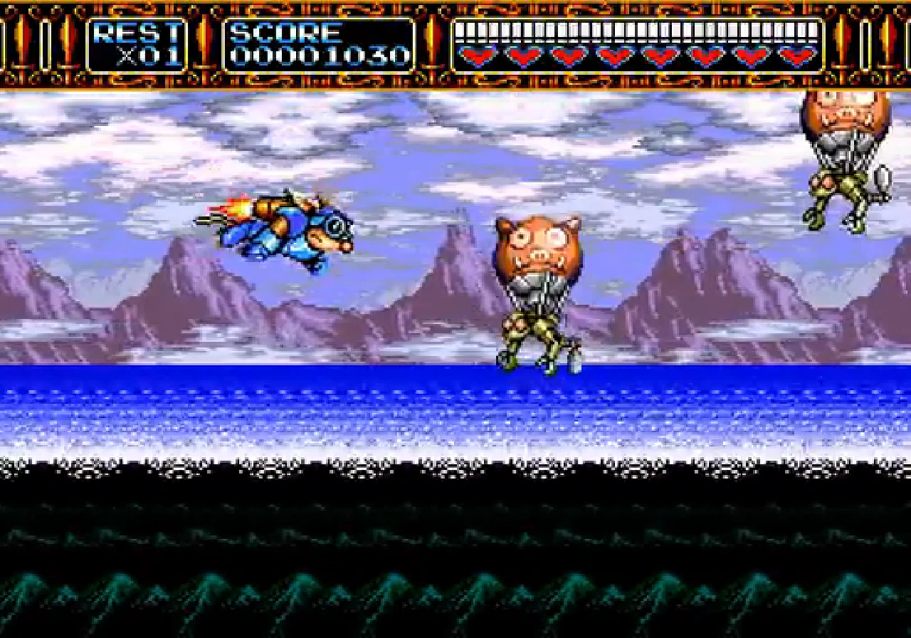Sparkster flies across open water on a mechanical dragon while pig-head enemies drift into his path.