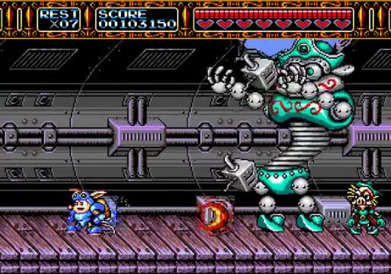 Sparkster faces a tall segmented pig machine whose arms and body move independently on an industrial platform.
