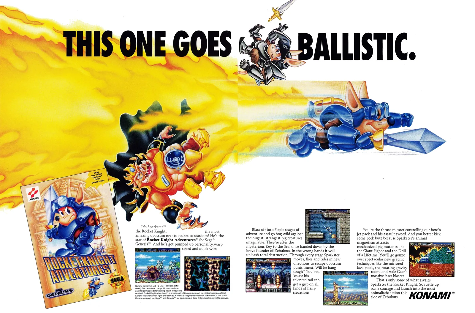 A North American magazine advertisement for Rocket Knight Adventures showing Sparkster blasting past a pig emperor under the slogan This One Goes Ballistic.
