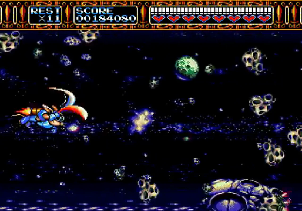Sparkster flies through space debris near the Pig Star Core during the final escape sequence.
