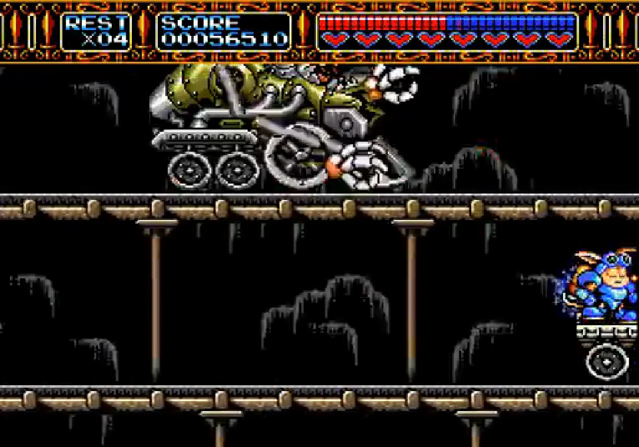Sparkster jumps between small platforms above lava while a giant machine head rises from the molten surface.