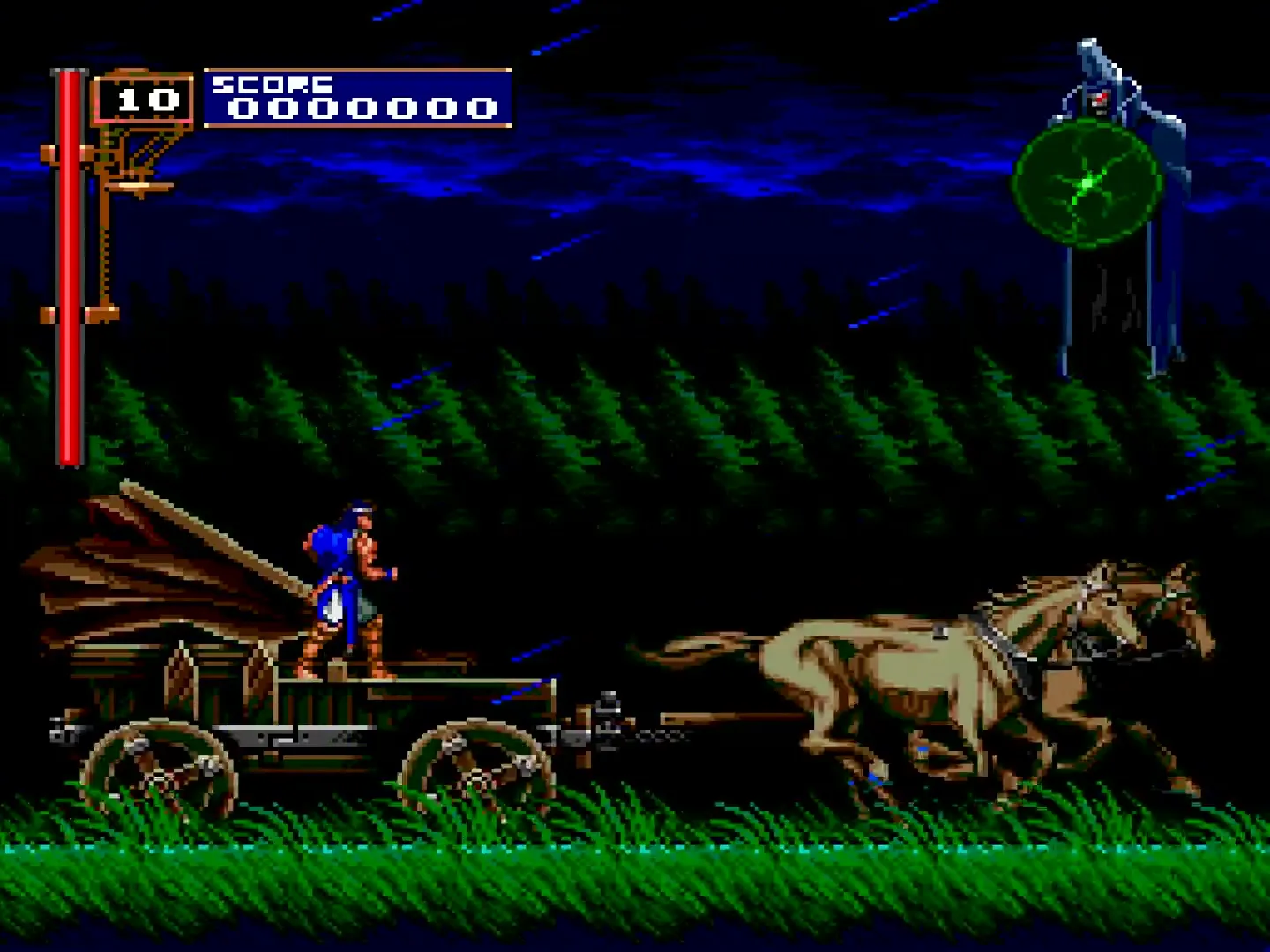 Richter Belmont stands on a hijacked black carriage drawn by four black horses across moonlit grass; in the upper right, a black-cloaked wraith holds a green pentagram ritual circle, summoning Dracula.