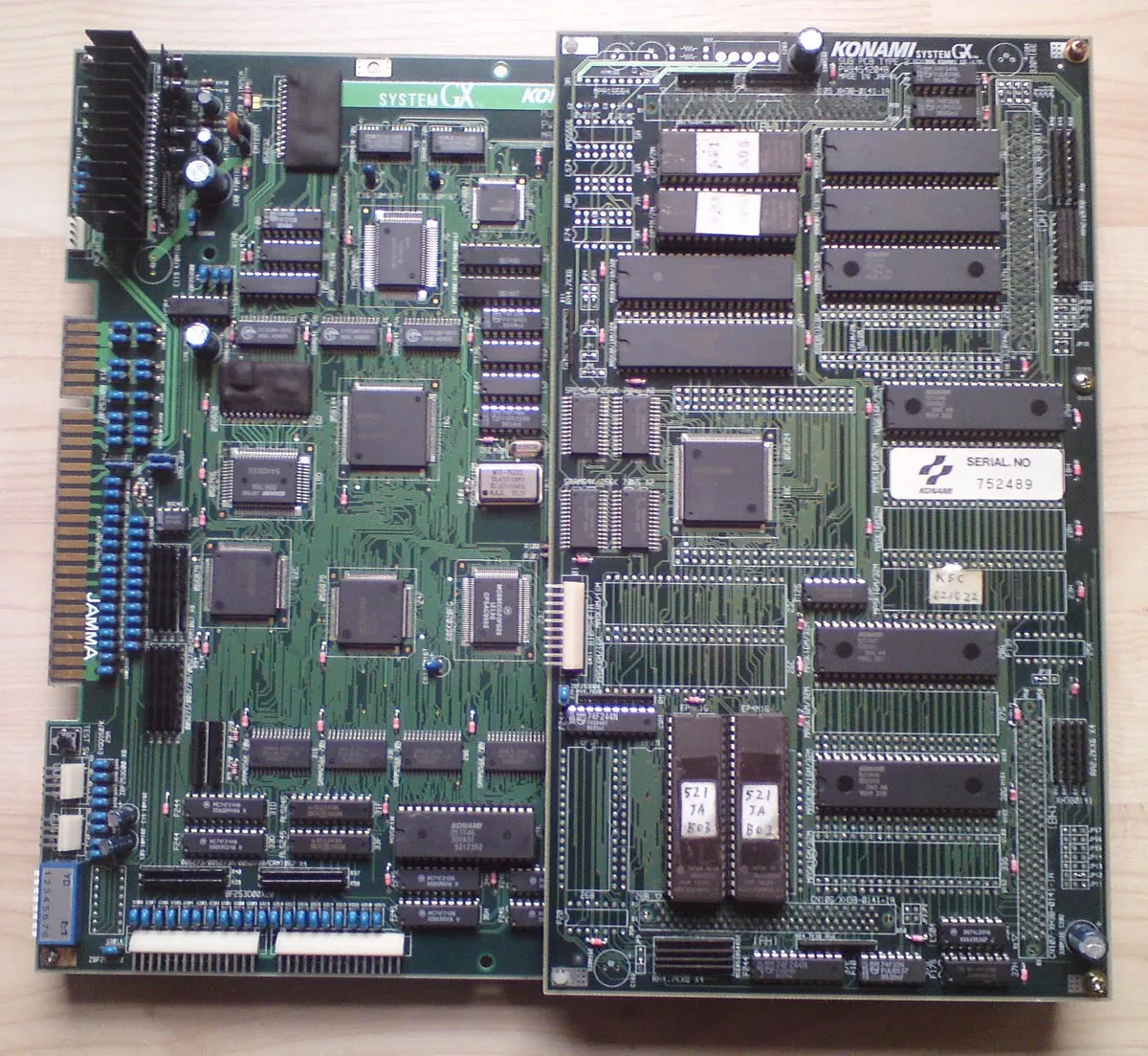 Konami SYSTEM GX Type 2 arcade PCB — the green two-board sandwich that ran Salamander 2.