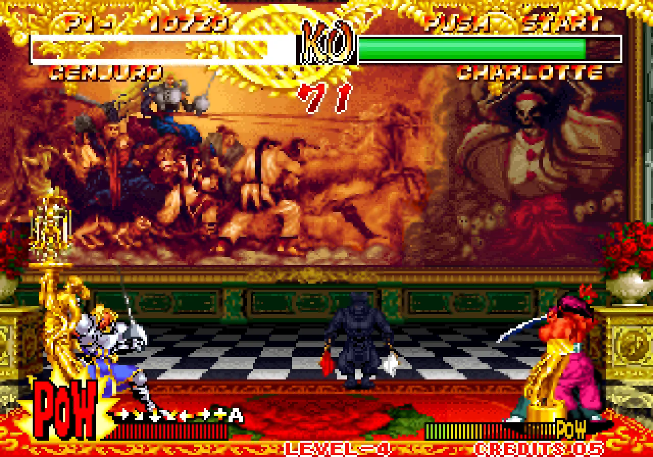Charlotte and Genjuro exchanging a heavy slash in front of a painted tapestry of galloping horses.