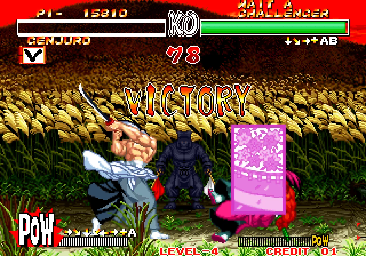 Genjuro standing over a defeated opponent at the end of a round, wheat field under a pale sky, the word VICTORY across the screen.