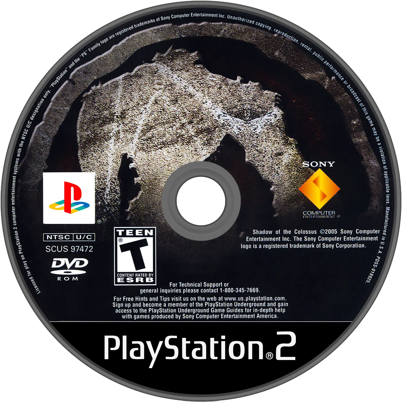 North American PlayStation 2 DVD-ROM disc for Shadow of the Colossus: stone-and-dust label dominated by a colossus silhouette, PlayStation 2 wordmark at the foot, DVD-ROM band at the spindle.