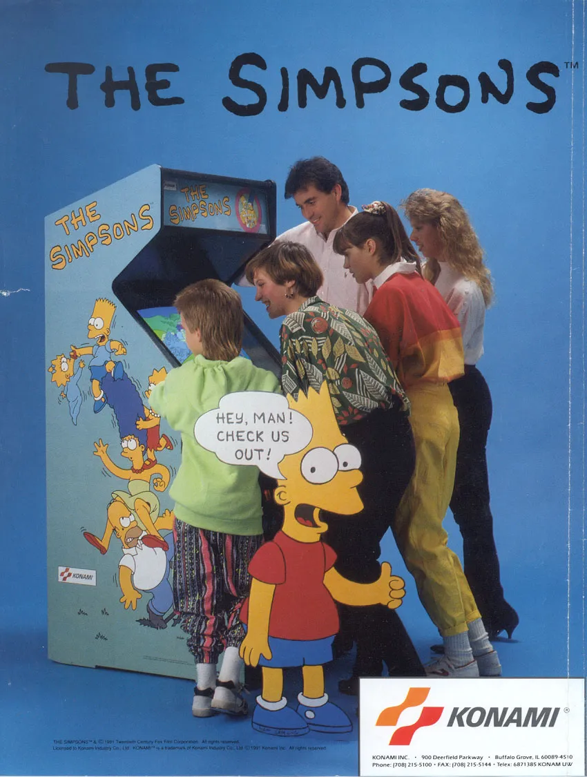 A 1991 Konami operator flyer showing four young Americans crowded around the Simpsons arcade cabinet. A large Bart Simpson figure stands in front, pointing out at the viewer with a speech bubble reading 'HEY, MAN! CHECK US OUT!' The Konami logo and Buffalo Grove, Illinois address are visible bottom-right.
