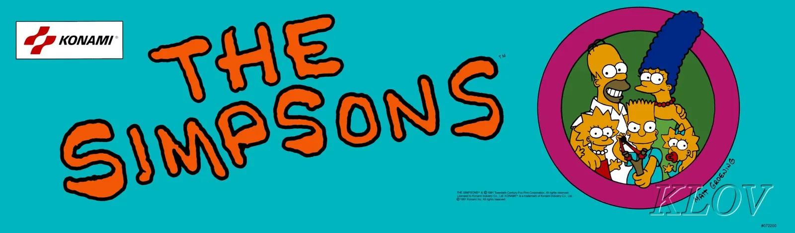 The illuminated cabinet marquee for The Simpsons arcade game. At left, the Konami logo on a white plate. Centre, the show's title hand-drawn in heavy orange letters. At right, the Matt Groening family-in-pink-circle artwork — Homer, Marge, Lisa, Bart, Maggie all visible.