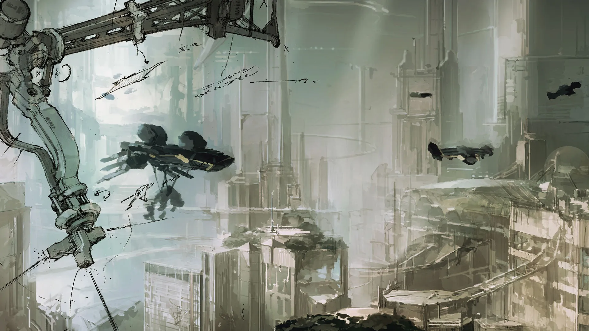 Atmospheric pencil-and-wash concept art of a decaying future city with a floating craft approaching suspended ruins.