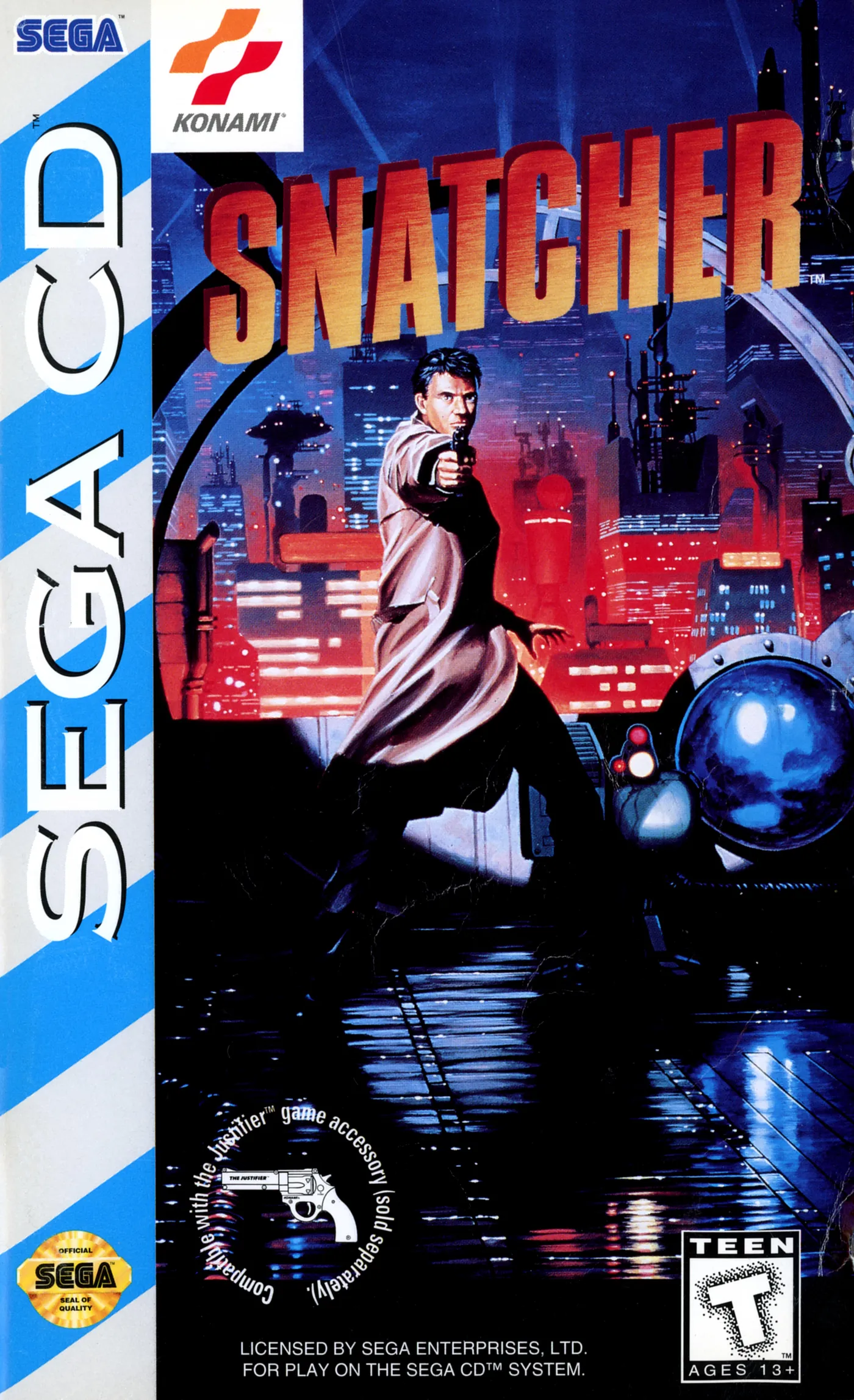 The 1994 Sega CD North American box art for Snatcher — Konami and Sega CD logos, painted Gillian Seed firing into a neon Neo Kobe skyline.