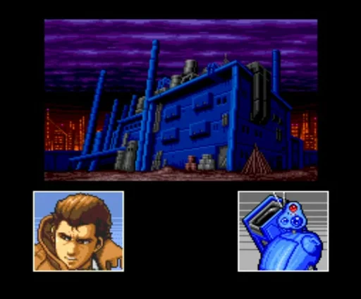 The abandoned factory exterior — purple sky, blue corrugated walls — with portraits of Gillian Seed and Metal Gear Mk. II inset below.
