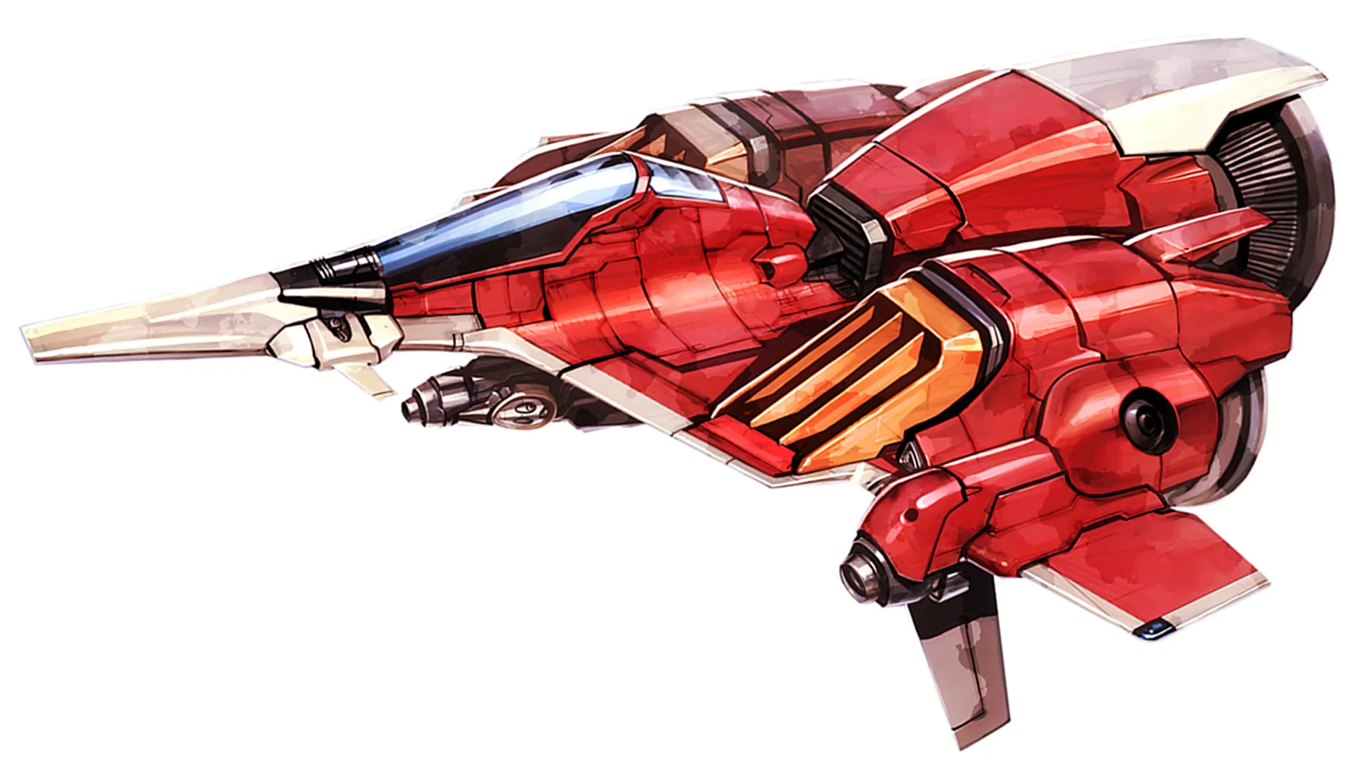 Yuji Kaida's painted concept art of the player ship — red and chrome plating, blue plasma cannon, angular shoulder pods.