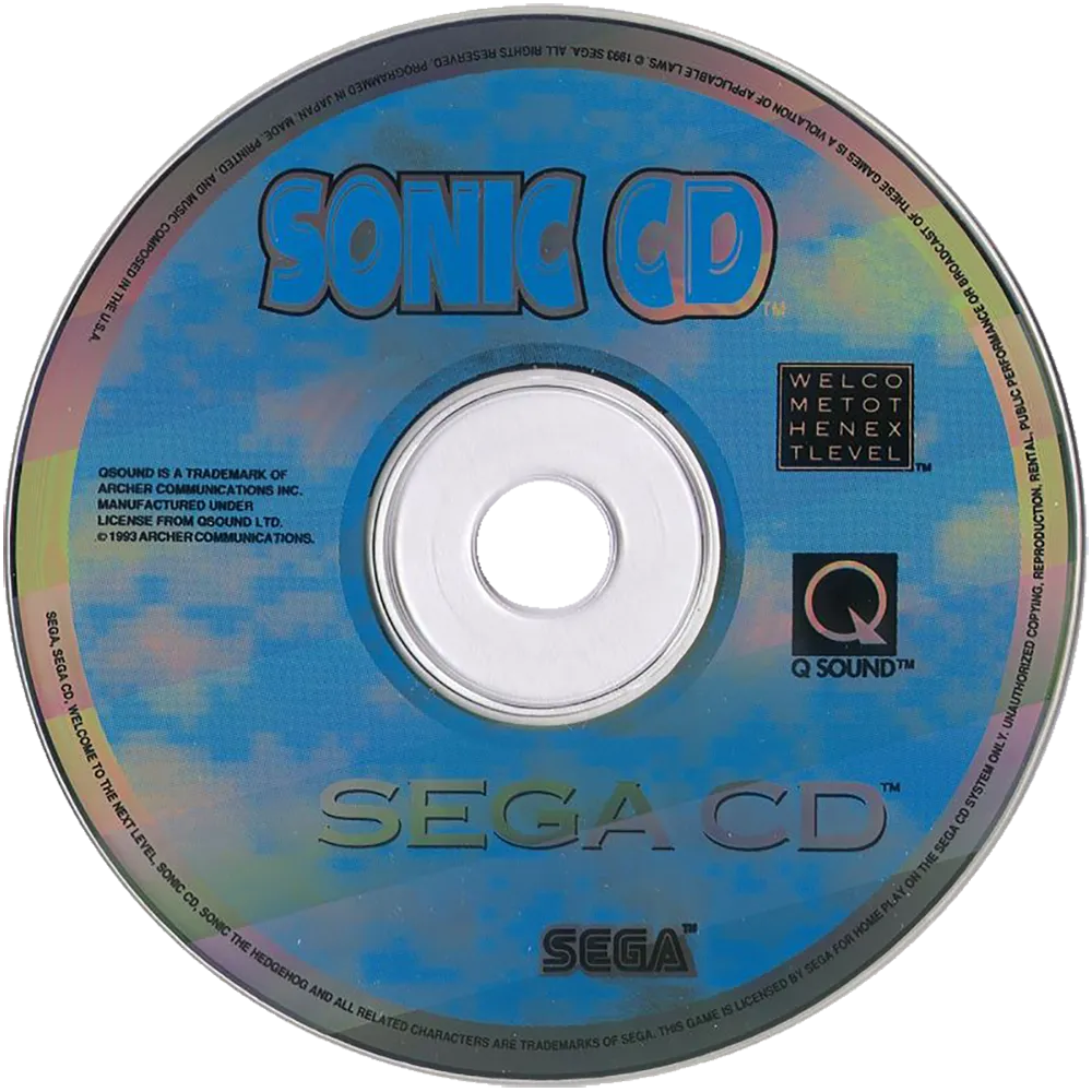 North American Sega CD disc face for Sonic CD: silver disc with a blue cloud-sky logo and the Sega CD wordmark beneath the spindle.