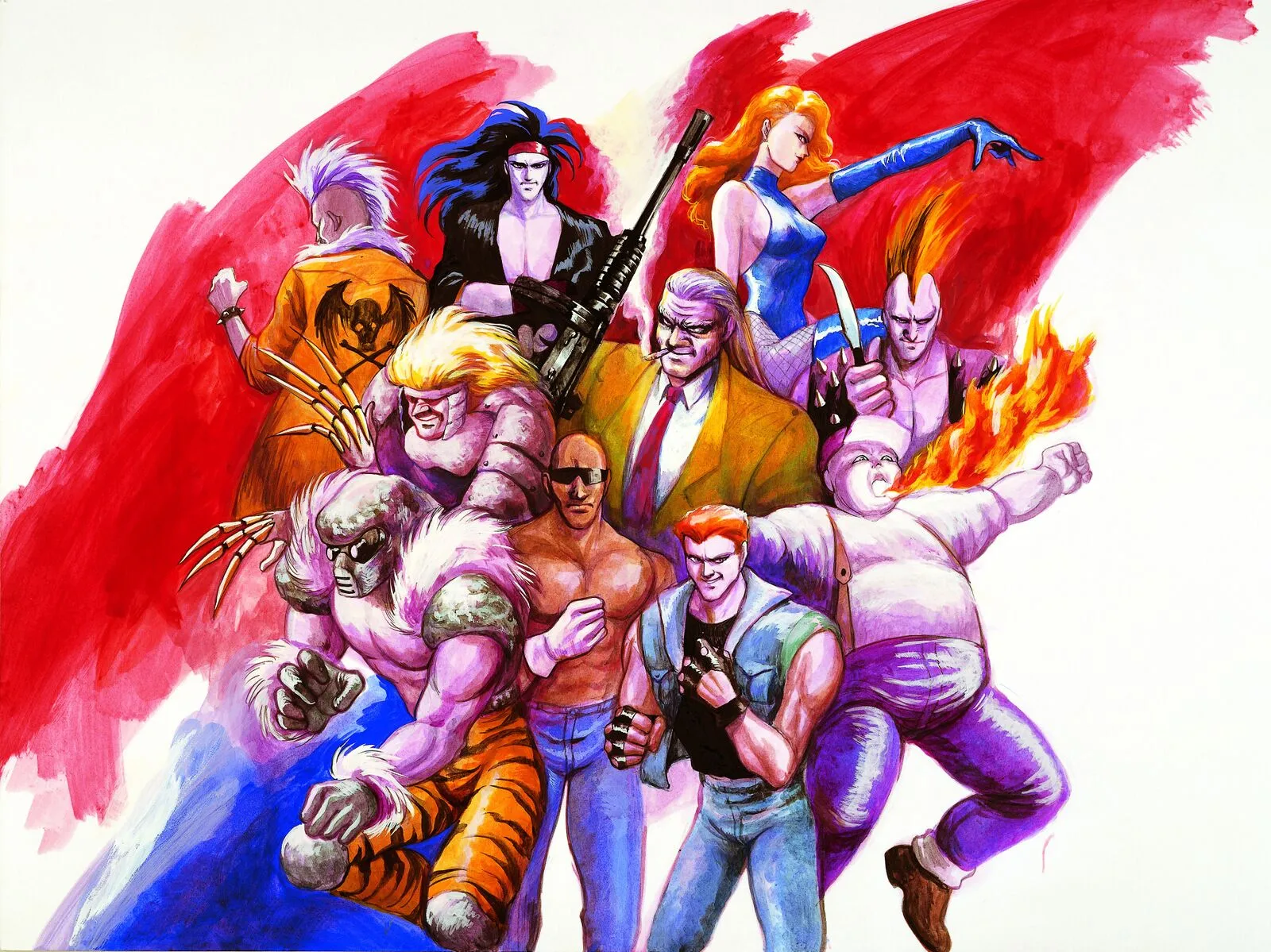 A painted key art illustration of the Streets of Rage 2 cast — Axel, Max, Blaze, and Skate in the foreground with Mr. X, Shiva, and the game's named enemies arranged behind them against a red ground.