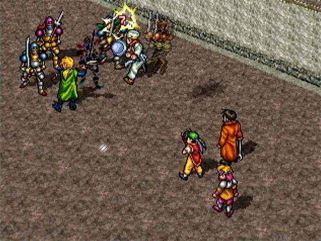 Six Suikoden party members fight winged enemies in a PlayStation battle scene with command menus at the bottom.
