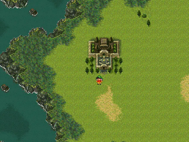 Tir McDohl stands in front of Suikoden's stone headquarters castle on a world map under a blue sky.