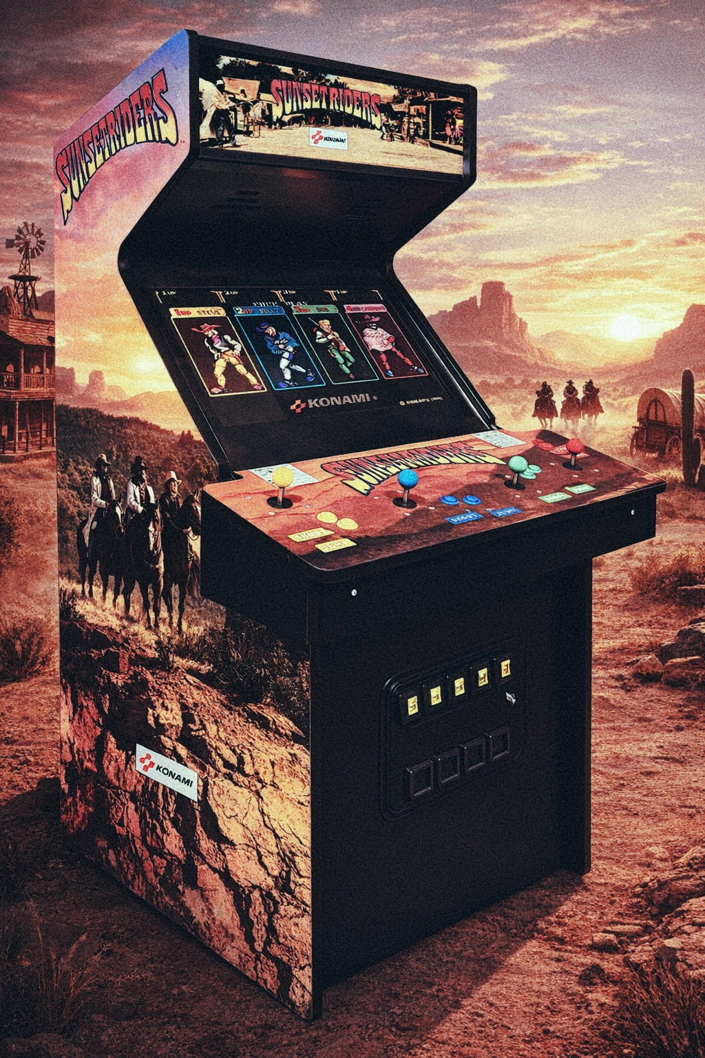 The Sunset Riders four-player arcade cabinet, showing the full upright body with game artwork on the side panel and four joystick stations on the control deck.