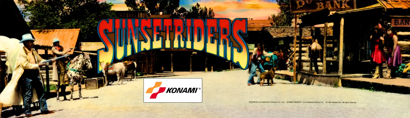 The Sunset Riders arcade marquee, a wide landscape panel showing a live-action photograph of a Western street scene with cowboys and horses, overlaid with the Sunset Riders logo in red and gold lettering.
