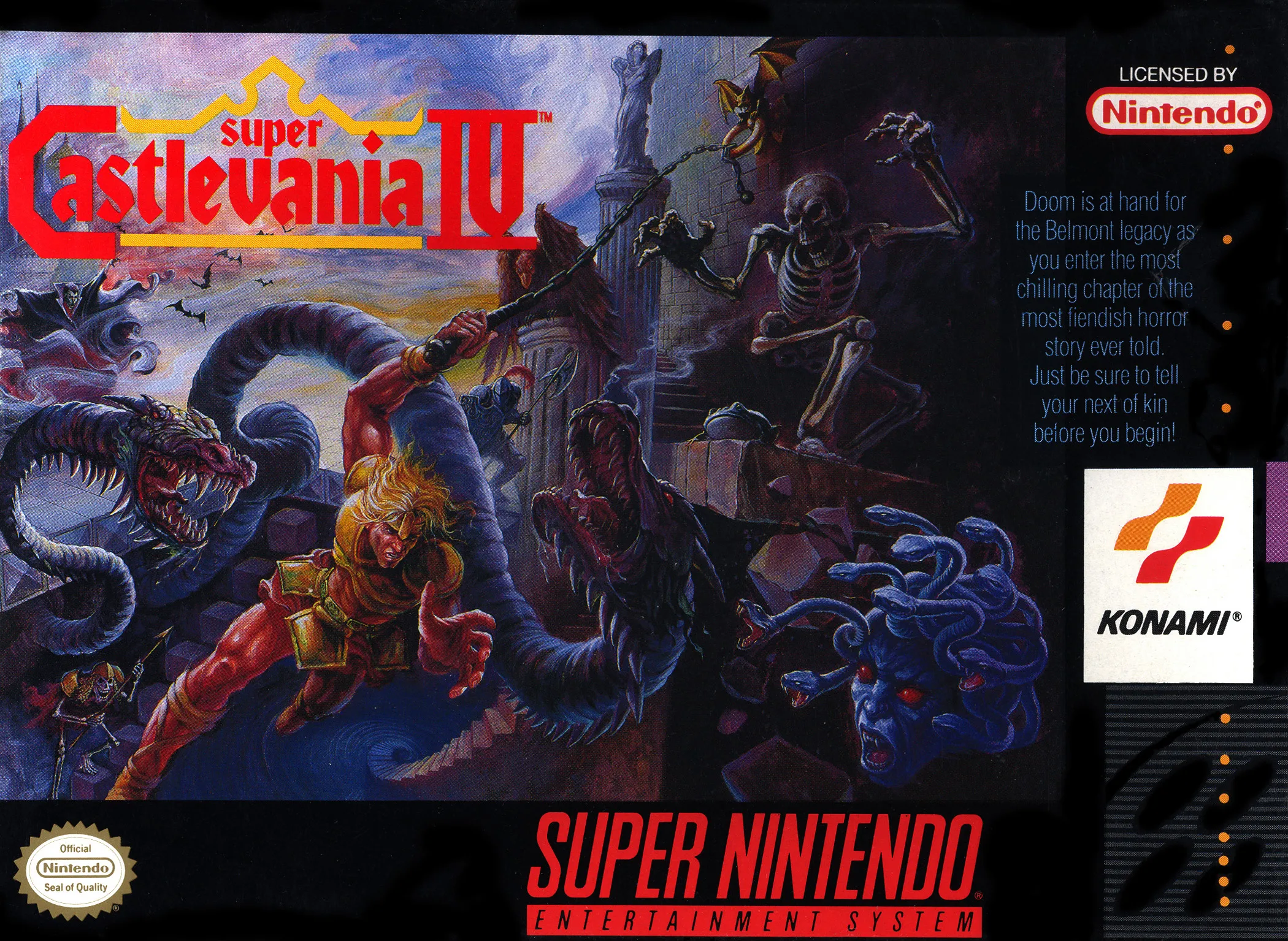 North American SNES box: Tom DuBois's painted Simon, gold hair flying, fighting snakes, skeletons, gargoyles, and a blue Medusa head across a moonlit ruin.