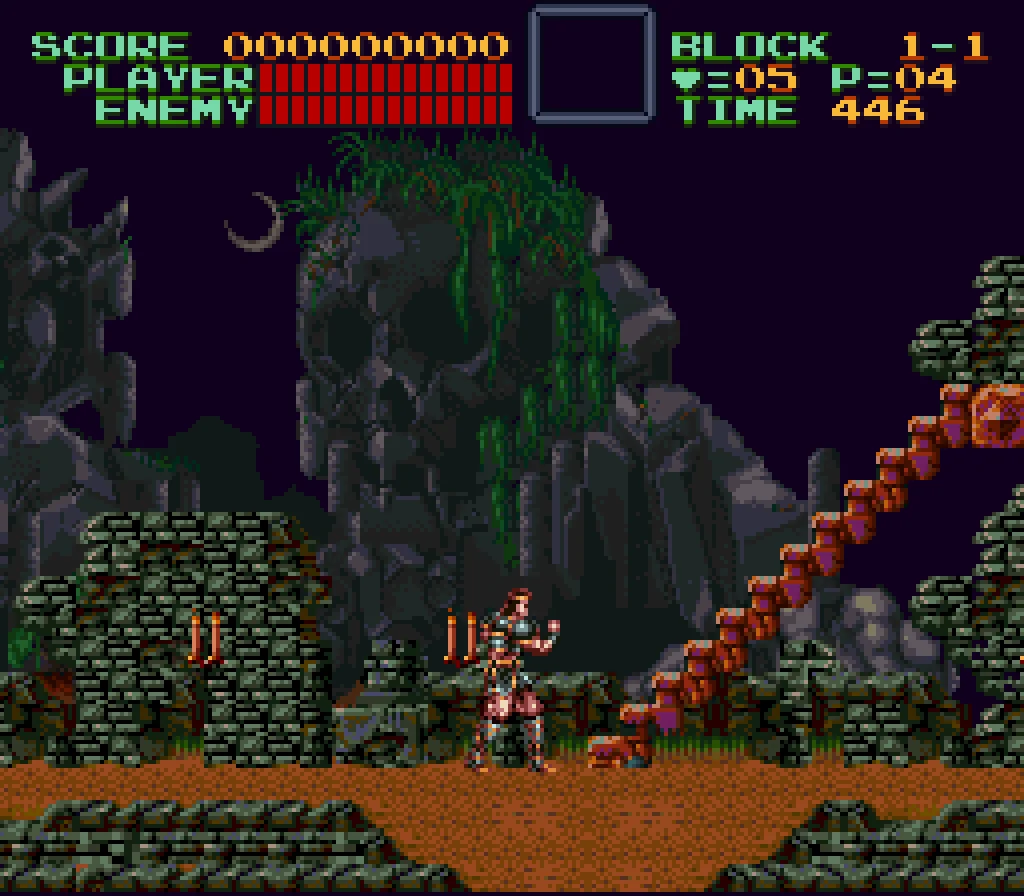 Simon stands on a stone platform in a moonlit, weed-overgrown forest exterior, the castle silhouetted in the distance.