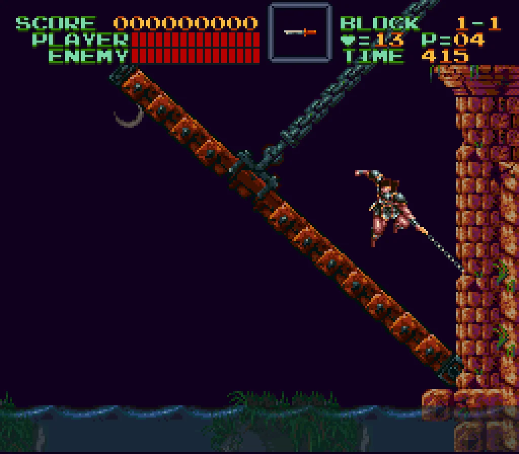 Simon hanging from a sloped chain bridge while another whip-line extends overhead, mid-room rotation.