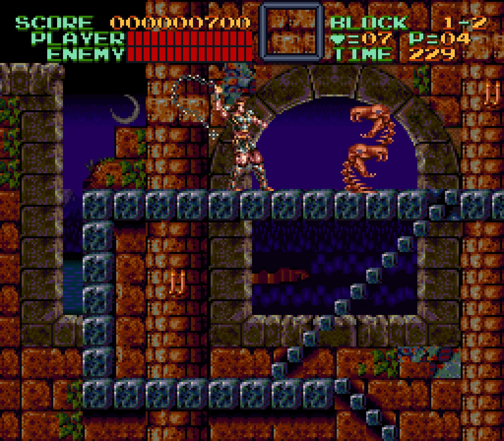 Simon, mid-air with whip raised, swings between flame braziers under a stone archway in an exterior castle stage.