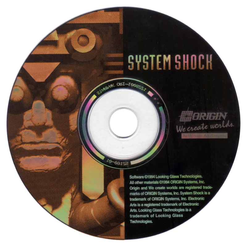 North American CD-ROM for System Shock, 1994: black-and-bronze disc face with SHODAN's mechanical mask staring out, the title in red stencil above, Origin Systems wordmark to the right.
