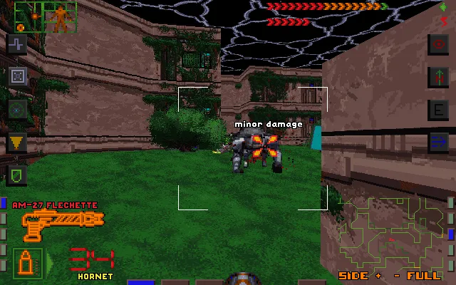 System Shock gameplay: an outdoor station walkway with a hostile mech-like enemy, targeting brackets locked on it and 'minor damage' text overlaid.