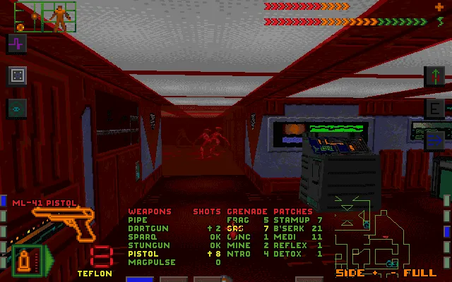 System Shock gameplay: a dim green-lit corridor with a dense HUD at screen bottom showing weapons, grenades, patches, and multiple inventory panels.