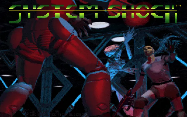 System Shock title screen: a cybernetic figure with wires trailing from its skull, red text reading 'System Shock'.