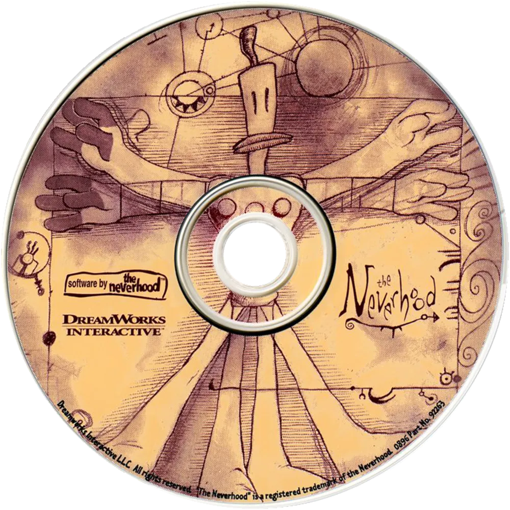 Windows CD-ROM for The Neverhood, 1996: hand-drawn Vitruvian-style clay figure on a parchment background, DreamWorks Interactive and "the Neverhood" wordmarks ringing the spindle.