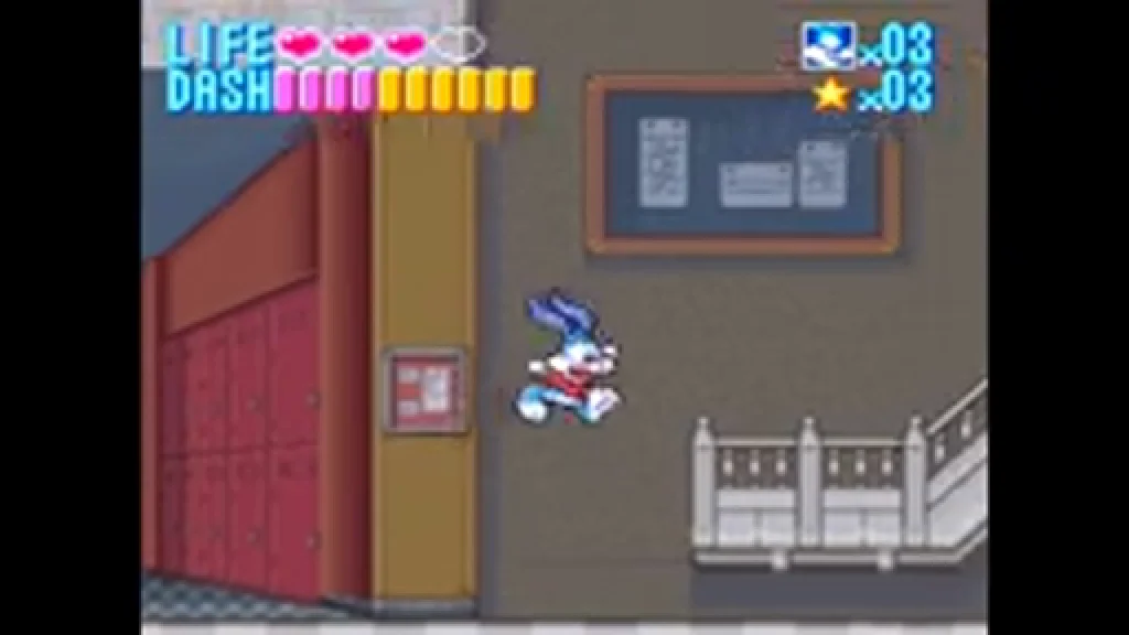 Buster Bunny mid-dash across a stone walkway at ACME Looniversity, dash gauge ticking down in pink and yellow.