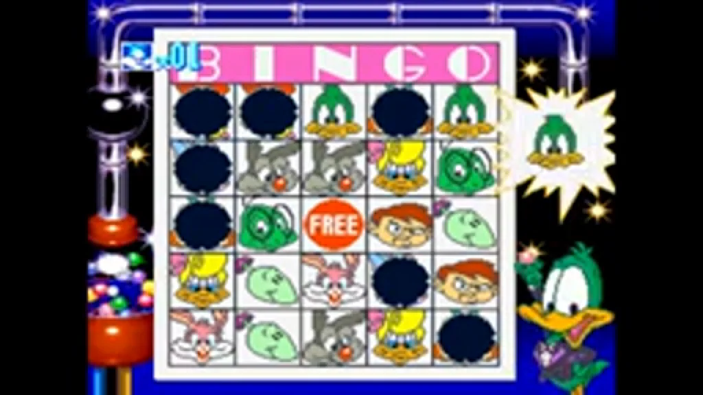 The Wheel-O'-Game Bingo bonus interstitial — a Tiny Toons-themed bingo card pinned beside a chrome arcade machine and Plucky Duck.