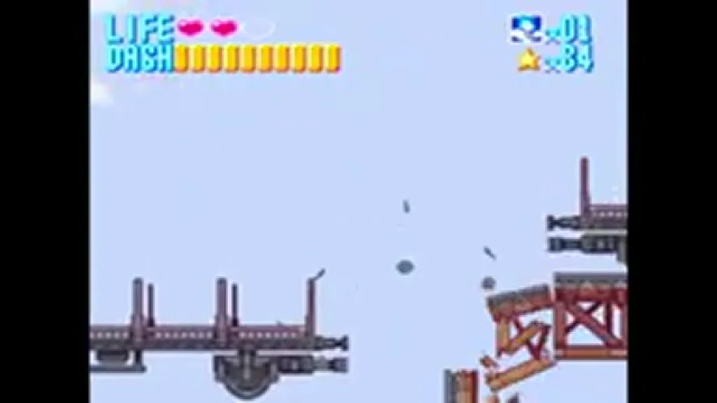 Buster Bunny mid-jump through the industrial machinery of the Pig Star, scaffolding and turret hardware sketched across a pale-blue sky.