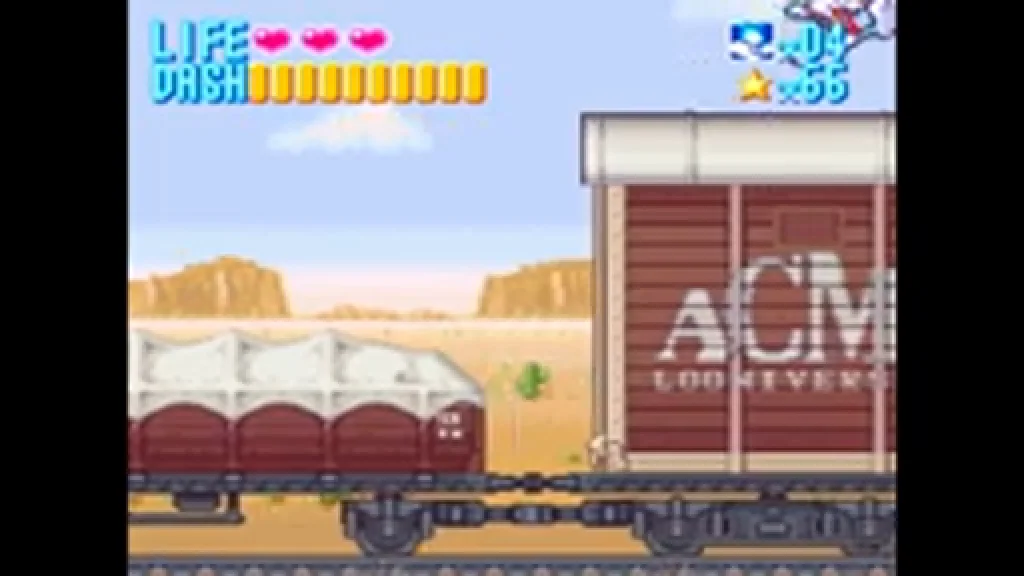 Buster Bunny clinging to the roof of an ACME Looniversity boxcar on a desert auto-scrolling train sequence.