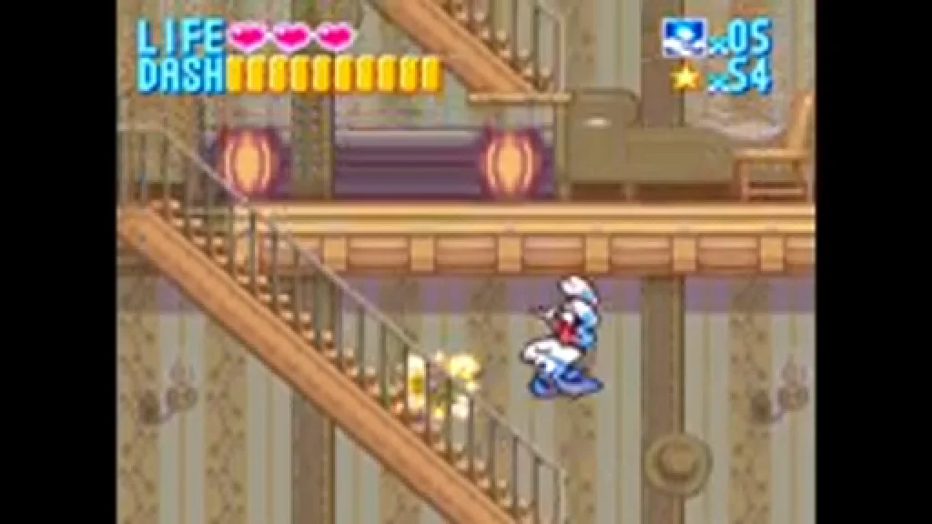 Buster Bunny mid-flip-kick on a wallpapered Western saloon staircase, a cowboy hat lying discarded on the lower floor.
